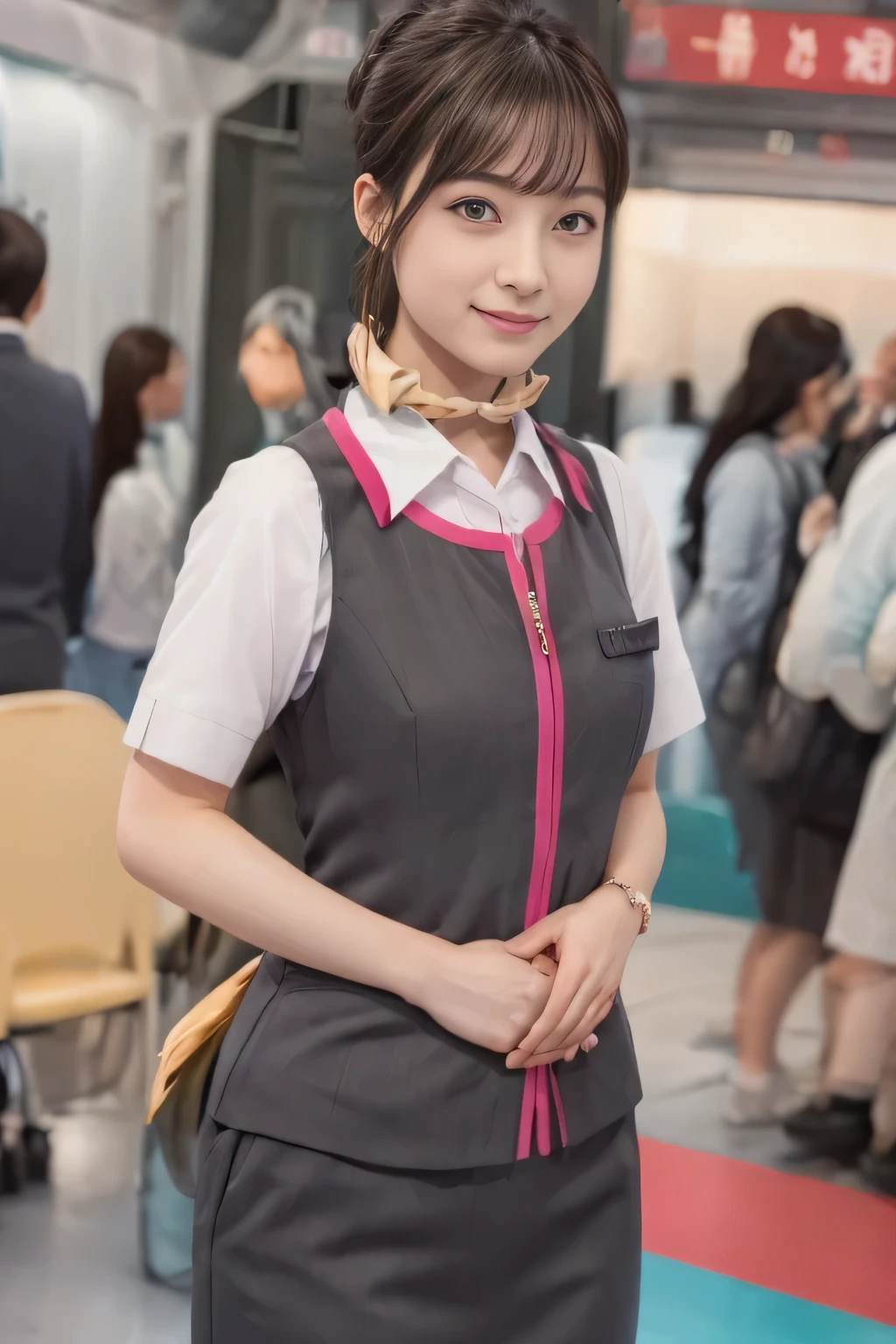 (masterpiece:1.2, Highest quality:1.2), 32k HDR, High resolution, (alone、One girl)、（At the station platform、Professional Lighting）、Empty train station platform background、（Realistic style of JR Gran Class crew uniform）、Short sleeve blouse、a scarf around the neck、（JR Gran Class flight attendant uniform with pink parts on the skirt sleeves）、（The uniform of a flight attendant in JR Gran Class has a pink line on the front zipper of the vest.）、Dark brown hair、（Chignon、Hair tied up）、Dark brown hair、Long Shot、Big Breasts、（（Great hands：2.0）），（（Harmonious body proportions：1.5）），（（Normal limbs：2.0）），（（Normal finger：2.0）），（（Delicate eyes：2.0）），（（Normal eyes：2.0））)、Big Breasts、Luxury Necklace、smile、Beautiful standing posture,Place your hands around your stomach