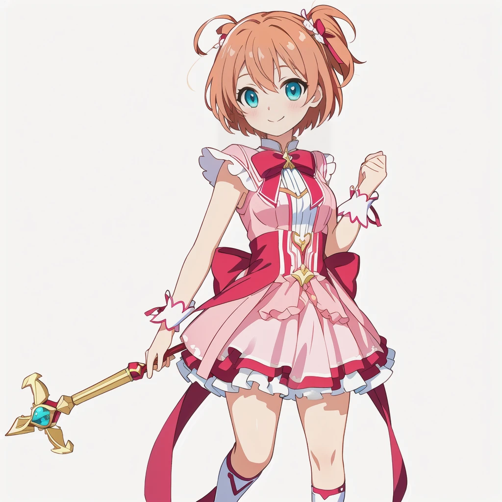 Highest quality, high resolution, High quality anime art style, Official Art, Smooth anime CG art, Stylized anime, Cute 3D anime girl render, Visual Novel Sprites, White background, whole body, Anime-style 3D, Smooth anime CG art, Humanoid Girl, JRPG Characters, Magical Girl Style, Anime girl in a pink dress with a red ribbon, Chestnut Hair, Cyan Eyes, short hair, smile, He holds a magic wand in his right hand , Small Bust, Small breasts, 13 years old