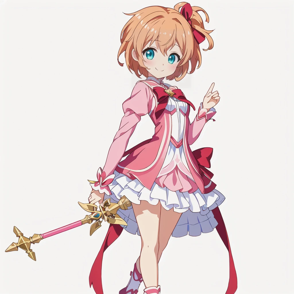 Highest quality, high resolution, High quality anime art style, Official Art, Smooth anime CG art, Stylized anime, Cute 3D anime girl render, Visual Novel Sprites, White background, whole body, Anime-style 3D, Smooth anime CG art, Humanoid Girl, JRPG Characters, Magical Girl Style, Anime girl in a pink dress with a red ribbon, Chestnut Hair, Cyan Eyes, short hair, smile, He holds a magic wand in his right hand , Small Bust, Small breasts,