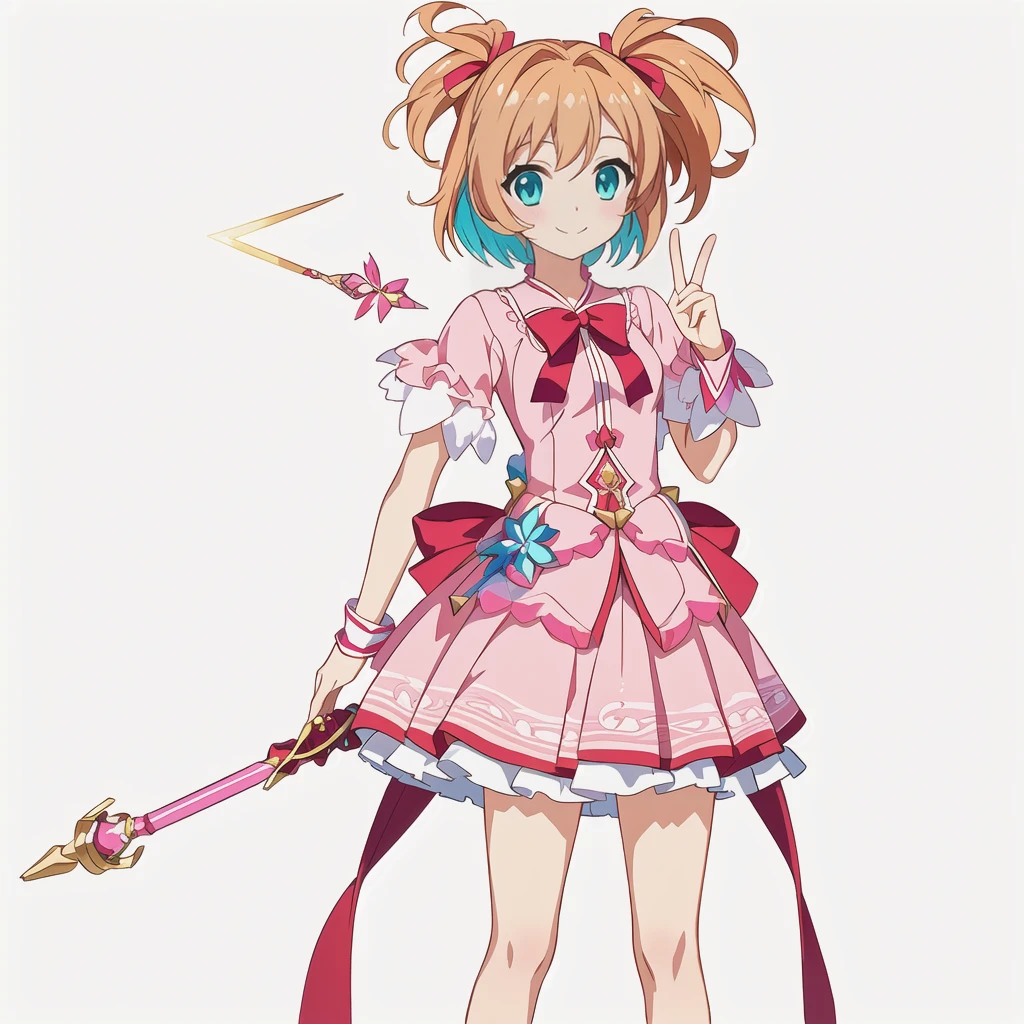 Highest quality, high resolution, High quality anime art style, Official Art, Smooth anime CG art, Stylized anime, Cute 3D anime girl render, Visual Novel Sprites, White background, whole body, Anime-style 3D, Smooth anime CG art, Humanoid Girl, JRPG Characters, Magical Girl Style, Anime girl in a pink dress with a red ribbon, Chestnut Hair, Cyan Eyes, short hair, smile, He holds a magic wand in his right hand , Small Bust, Small breasts, 13 years old