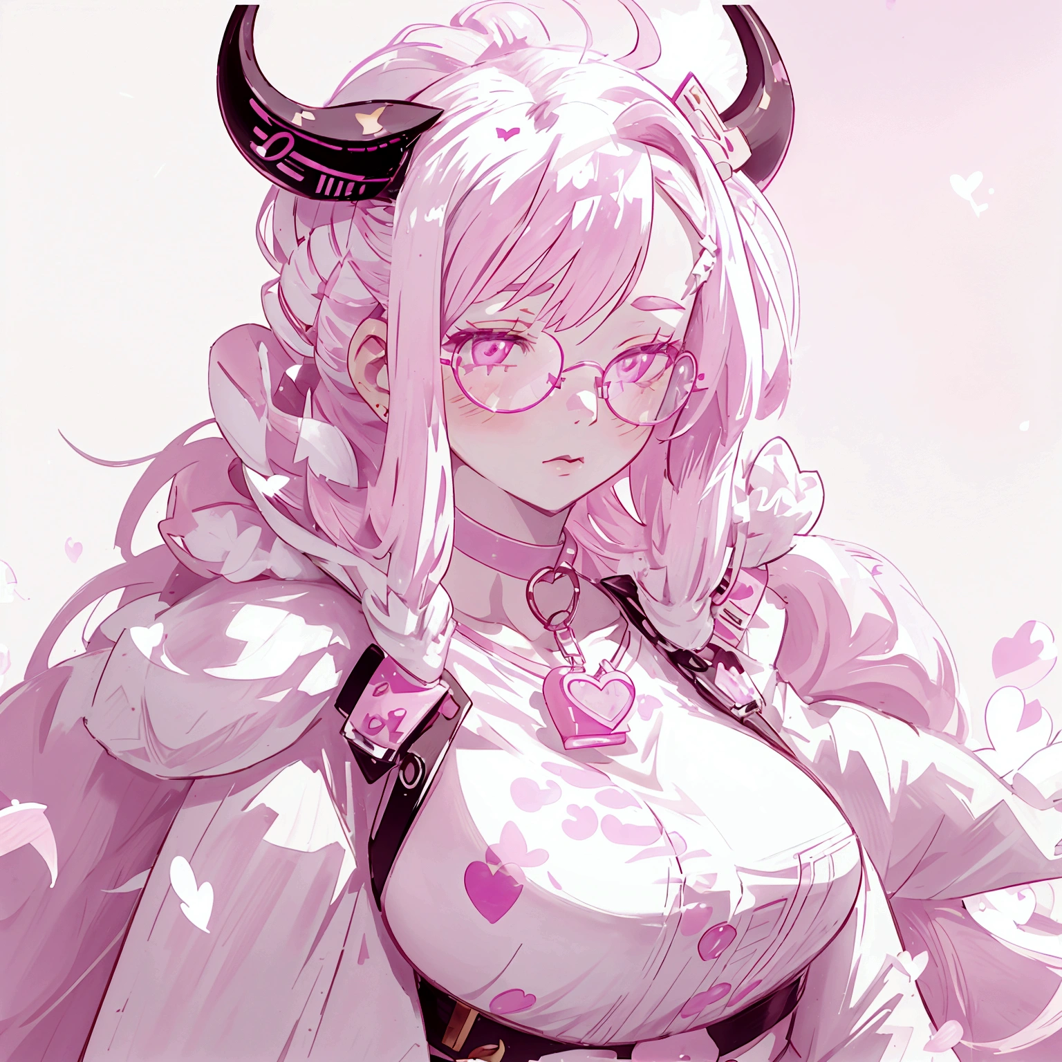 "IMVU, pink hair, pink heart eyes, white round glasses, pale skin, white and pink cow ears, white horns with pink bows, fuzzy white jacket with pink spots, pink cowbell choker, kawaii, soft, high quality, masterpiece, 8k, large breasts, showing cleavage