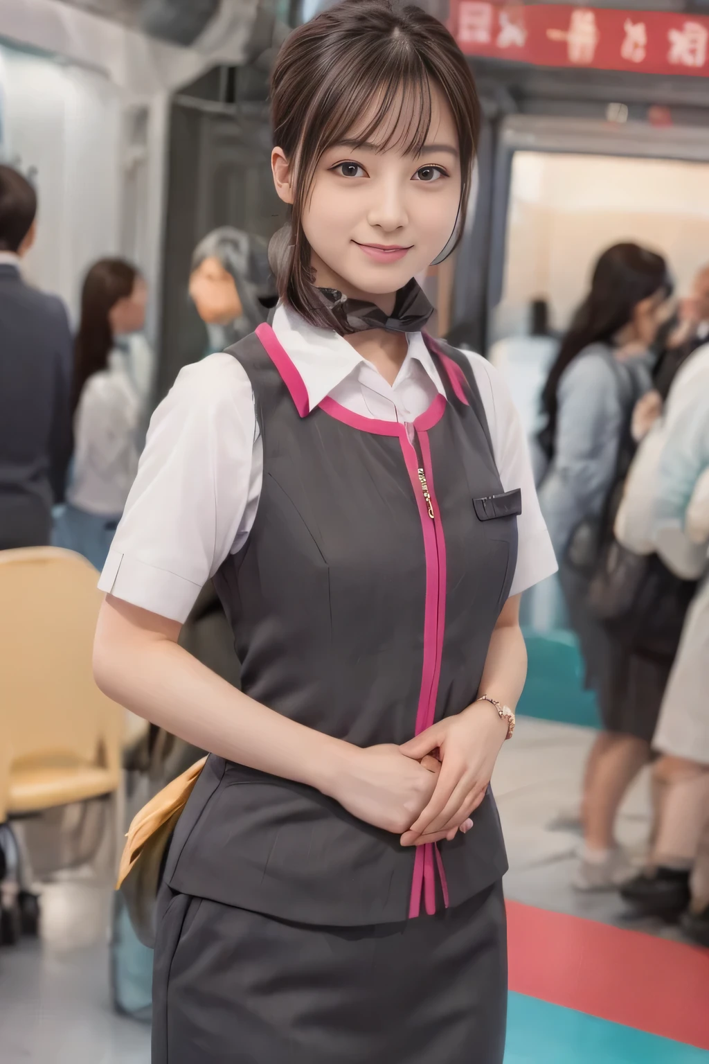 (masterpiece:1.2, Highest quality:1.2), 32k HDR, High resolution, (alone、One girl)、(At the station platform、Professional Lighting)、Empty train station platform background、(Realistic style of JR Gran Class crew uniform)、Short sleeve blouse、a scarf around the neck、(JR Gran Class flight attendant uniform with pink parts on the skirt sleeves)、(The uniform of a flight attendant in JR Gran Class has a pink line on the front zipper of the vest.)、Dark brown hair、(Chignon、Hair tied up)、Dark brown hair、Long Shot、Big Breasts、((Great hands:2.0)),((Harmonious body proportions:1.5)),((Normal limbs:2.0)),((Normal finger:2.0)),((Delicate eyes:2.0)),((Normal eyes:2.0)))、Big Breasts、Luxury Necklace、smile、Beautiful standing posture,Place your hands around your stomach