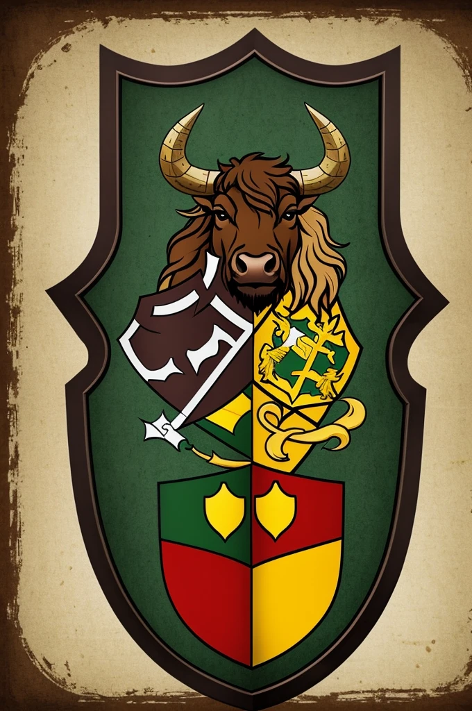 Create a shield in the style of the Hogwarts houses, an ox and the colors green and brown.