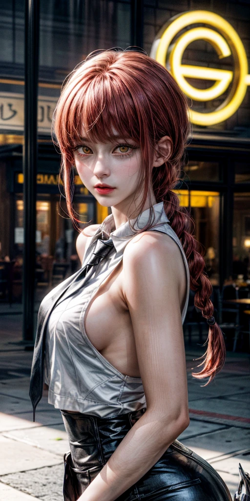 Masterpiece, (เหhandนจริง:1.4), best quality, beautiful light, hand \(Chainsaw Man\), (red hair)+(long braided hair)+(smooth), yellow eyes, golden eyes, (big eyes), (white shirt), (necktie),Prepare to be amazed by the stunning details in this ultra-realistic 10K high-definition artwork., Where the combination of Digital Painting, anime art, (Masterpiece: 1.5) (เหhandนจริง: 1.1) (Bokeh) (best quality) (Fine texture, tightens pores and pores.: 1.1) (complicated) (8K) (HDR) (Wallpaper) (movie light) (Sharp focus )