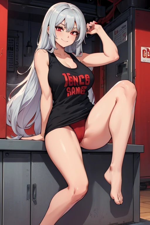 female, silver long hair, red eyes, (((1girl))), (((black tank top))), (red panties), cute and sexy, full body, large breasts, large butt, long legs, smiling