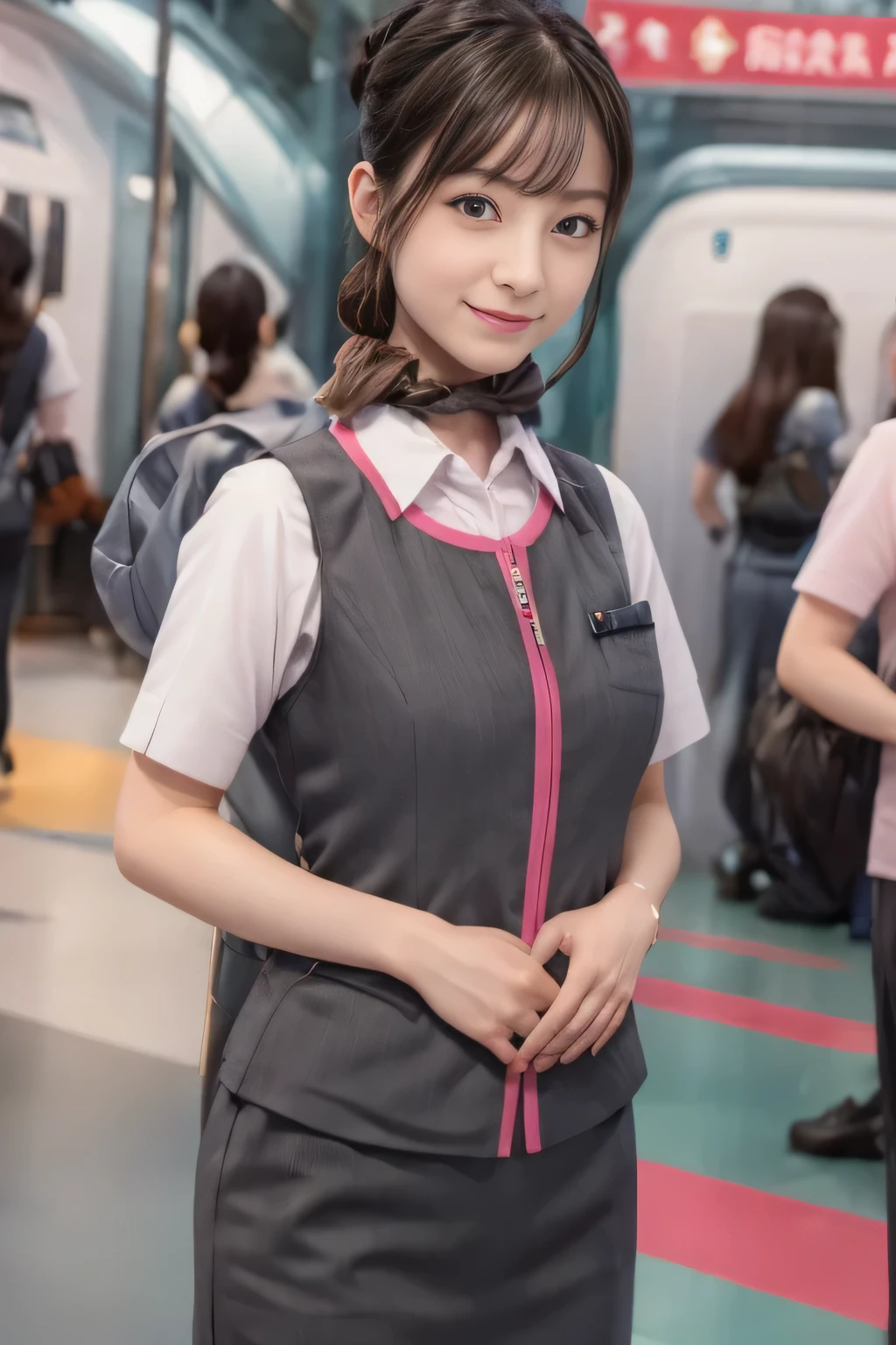 (masterpiece:1.2, Highest quality:1.2), 32k HDR, High resolution, (alone、One girl)、(At the station platform、Professional Lighting)、Empty train station platform background、(Realistic style of JR Gran Class crew uniform)、Short sleeve blouse、a scarf around the neck、(JR Gran Class flight attendant uniform with pink parts on the skirt sleeves)、(The uniform of a flight attendant in JR Gran Class has a pink line on the front zipper of the vest.)、Dark brown hair、(Chignon、Hair tied up)、Dark brown hair、Long Shot、Big Breasts、((Great hands:2.0)),((Harmonious body proportions:1.5)),((Normal limbs:2.0)),((Normal finger:2.0)),((Delicate eyes:2.0)),((Normal eyes:2.0)))、Big Breasts、Luxury Necklace、smile、Beautiful standing posture,Place your hands around your stomach