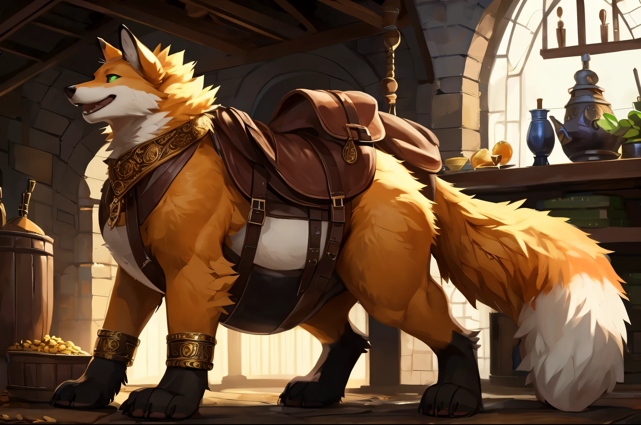 4k ultra quality, 4k full body view,ultra high detailed body,singo person,feral fox, detailed body, white belly fur,big belly, ((round belly)), enormous belly, enormous body, bulge,by mystikfox61, by glitter trap boy, by bebebebebe,by morethreedee, by seibear,(thick thigh),(chubby thigh),thicc thigh,thick legs,chubby legs,thicc legs,massive butt,enomorous thigh,massive thigh,massive legs,(detailed thigh),(wide thigh),thick butt,fluffy belly,furry belly,sharp nails,((sfw)),(ultra detailed face),ultra detailed eyes,cute face,green eyes,(golden fur),mouth open,big tail,fluffy tail,(detailed tail),enomorous tail,side view,bigger tail,huge tail,bloated feral belly,enomorous thigh,fluffy paws,detailed paws,thick paws,chubby paws,huge paws,big paws,(black paws),bare paws,ornate belts,ornate necklace,golden bracelet,leather belts,multiple belts, saddle bags,ornate saddle,saddle packs,big packs,in dark dungeon,mediaeval style, on treasure
