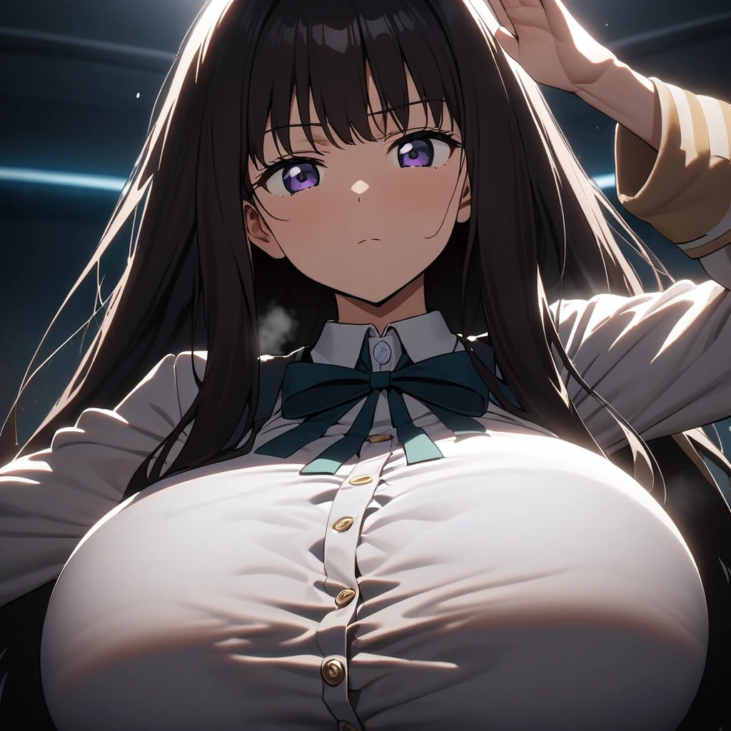  ( inoue takina, ), (cinematic lighting), (ultra enormous gigantic breast expansion, ), ( girl, pov, , hetero, ), (expressionless face, ), (looking at viewer), honestly, kindly, gently, salute, 