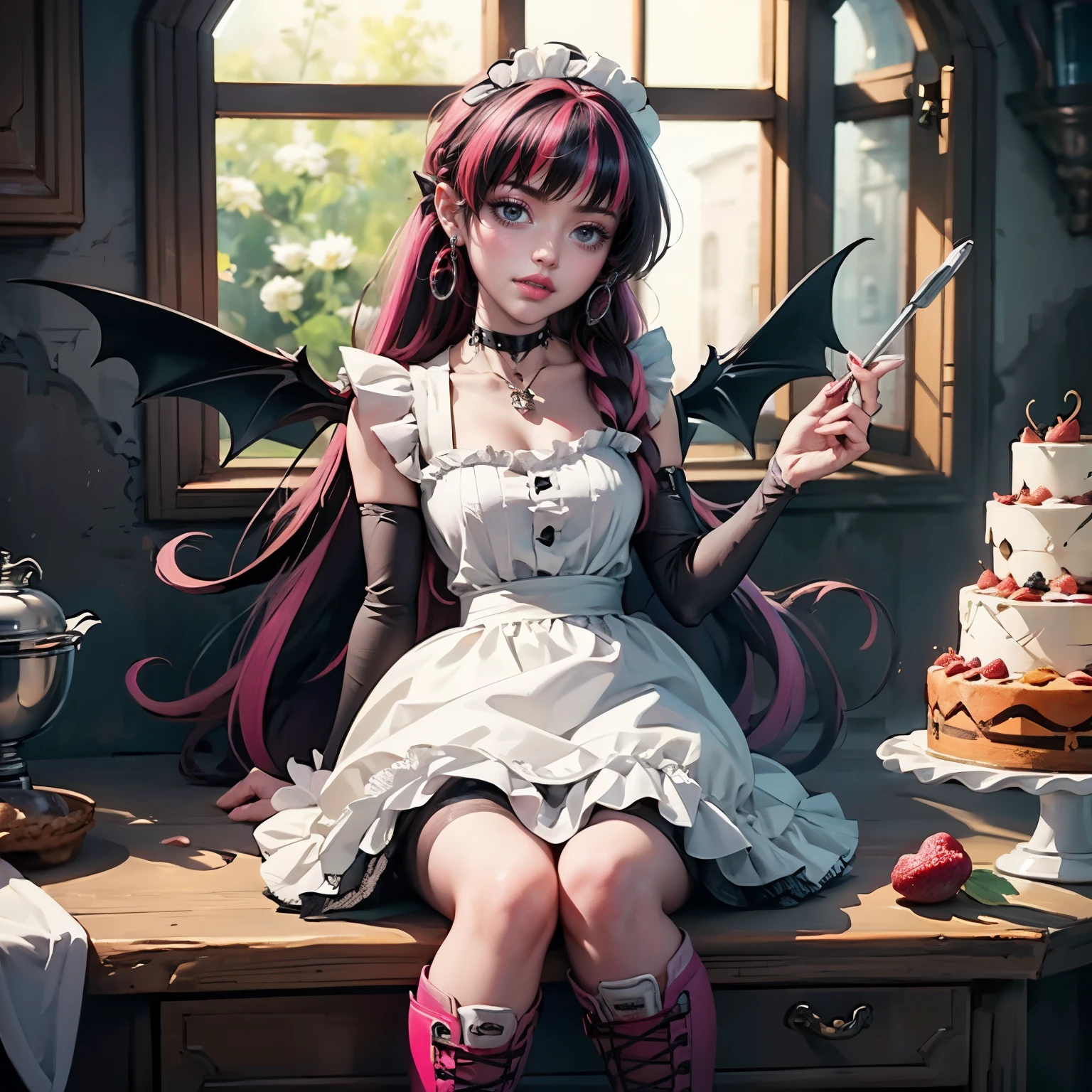 1 girl, a girl with bat wings, holding a pastry brush, succubus, bakery, a cake on focus, cake with strawberrys and red roses, bat choker, necklace, centered, solo, alone, bat jewelry, medieval castle scenery, Pink bat Jewelry, smile, vampire fangs, (looking at viewer), Draculaura_MH, wavy hair, Alone, half black hair, half pink hair, multicolored hair, long hair, braided hair, gothic scenery, medieval style, maid dress, white apron, maid apron, maid headdress, white skirt, solo, alone, centered, pink knee boots, smiling, in kitchen, kitchen, black lanterns, stand up close to window, depth of field, film composition, ((high quality)), ((artwork)), (More details), maid dress, black maid headdress, black maid apron, bat wings, white dress, black dress with transparency, pink laces, pink gloves, solo, alone, centered, black high socks , boots of high hills, bat jewel, jewel, sit on the grass, dark red roses in focus, Draculaura_(school of monsters), school of monsters, Looking at the viewer, alone, solo, centered, More details on the clothes,
