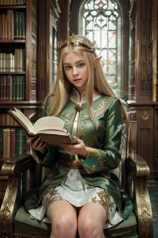 (((Masterpiece, highest quality, high definition, high detail)))), one, ((fantasy)))), (elf woman)))), (white short skirt with gold embroidery), (blonde long straight hair), (glossy dark green eyes), (green surcoat with gold embroidery), big, (((National Library of the royal capital)), (A large space with a lot of books)), sit in a chair and read a book , Particles of light flying