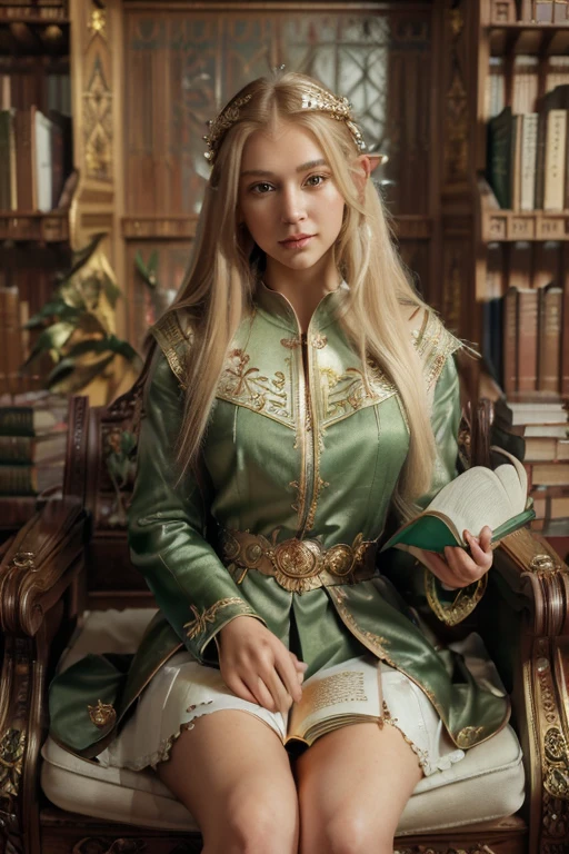 (((Masterpiece, highest quality, high definition, high detail)))), one, ((fantasy)))), (elf woman)))), (white short skirt with gold embroidery), (blonde long straight hair), (glossy dark green eyes), (green surcoat with gold embroidery), big, (((National Library of the royal capital)), (A large space with a lot of books)), sit in a chair and read a book , Particles of light flying