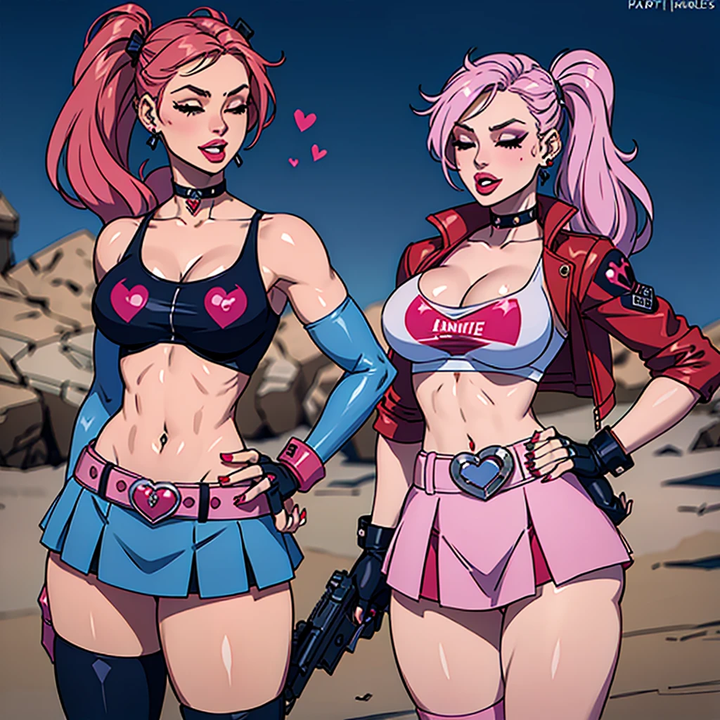 Harley Quinn, 1girl, solo, long hair, breasts, smile, open mouth, skirt, thighhighs, gloves, navel, holding, twintails, jewelry, blue hair, jacket, weapon, pink hair, heart, multicolored hair, one eye closed, shorts, midriff, belt, miniskirt, fingerless gloves, nail polish, crop top, gun, short shorts, makeup, piercing, lipstick, pale skin, red jacket, handgun, eyeshadow, revolver, heart tattoo, studded belt, shiny skin, specular highlights,