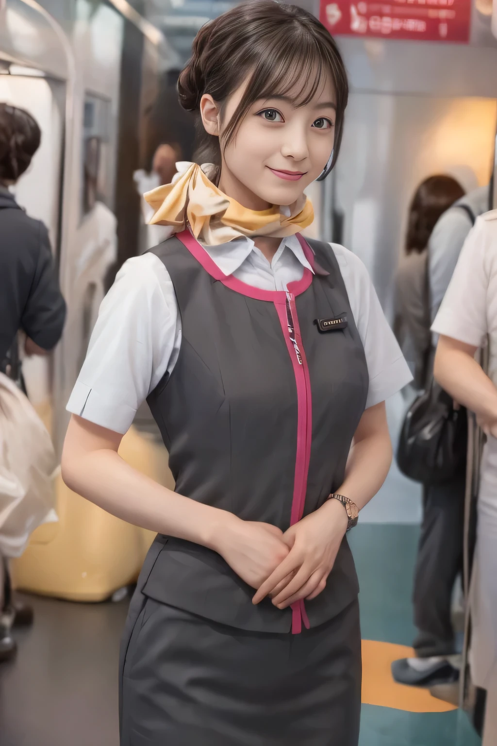 (masterpiece:1.2, Highest quality:1.2), 32k HDR, High resolution, (alone、One girl)、(At the station platform、Professional Lighting)、Empty train station platform background、(Realistic style of JR Gran Class crew uniform)、Short sleeve blouse、a scarf around the neck、(JR Gran Class flight attendant uniform with pink parts on the skirt sleeves)、(The uniform of a flight attendant in JR Gran Class has a pink line on the front zipper of the vest.)、Dark brown hair、(Chignon、Hair tied up)、Dark brown hair、Long Shot、Big Breasts、((Great hands:2.0)),((Harmonious body proportions:1.5)),((Normal limbs:2.0)),((Normal finger:2.0)),((Delicate eyes:2.0)),((Normal eyes:2.0)))、Big Breasts、Luxury Necklace、smile、Beautiful standing posture,Place your hands around your stomach