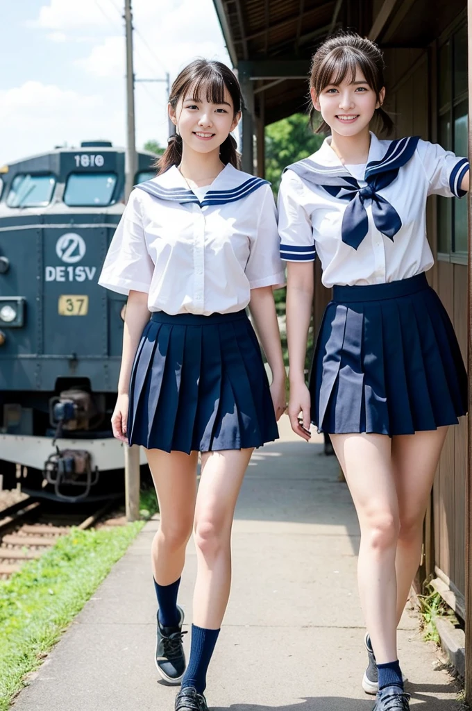 2 girls walking in rural railway station,Japanese diesel train,cumulonimbus cloud in summer blue sky,white sailor shirt and navy blue pleated skirt,18-year-old,bangs,a little smile,thighs,knees,wet short hair with low pigtails bunches,from beside,front light