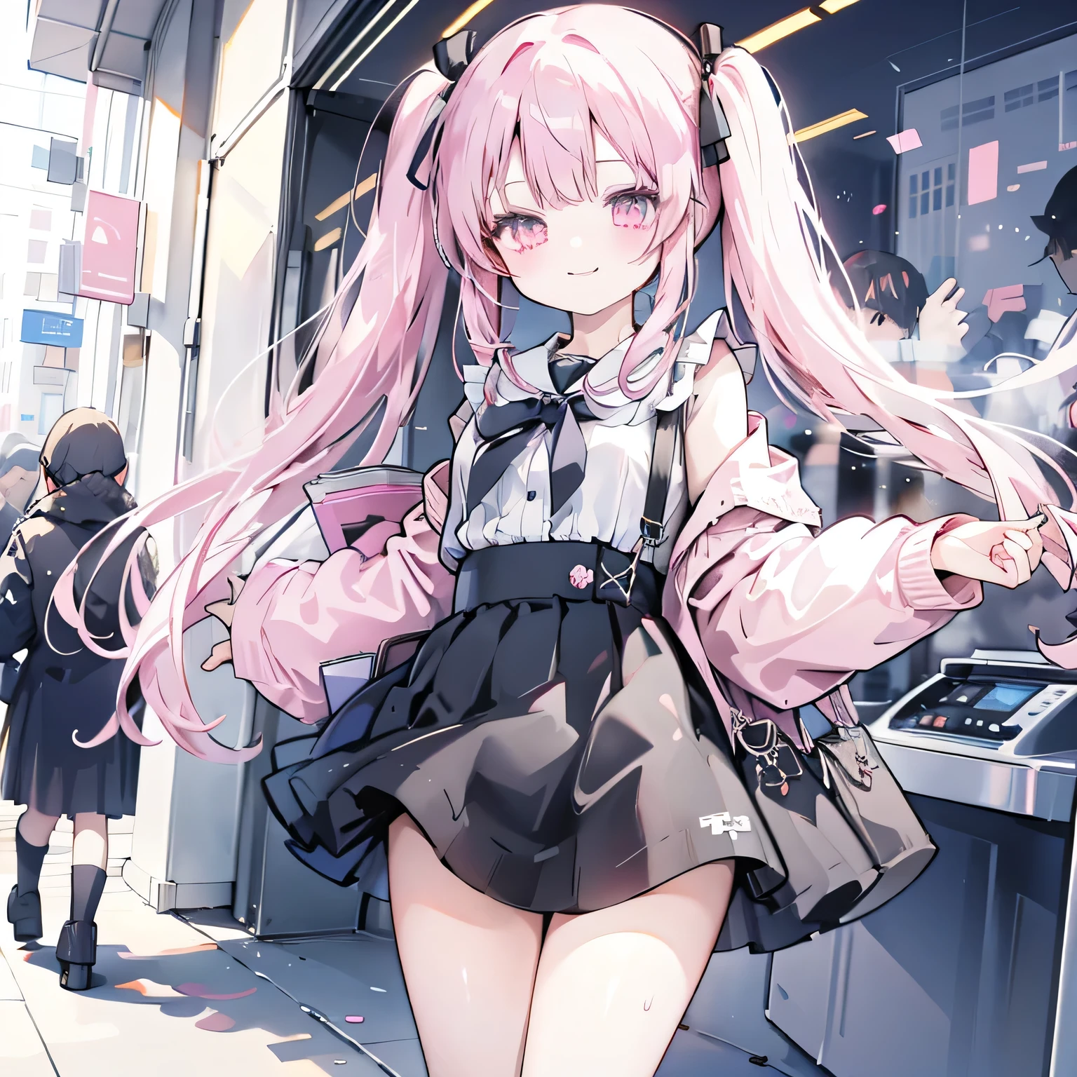 Twin tails、pink、black、smile、mini skirt
