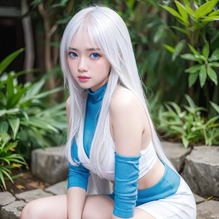 Korean girl, white long hair with bangs, icy blue eyes, white skin, white skimpy ninja suit, video game style, mortal kombat style