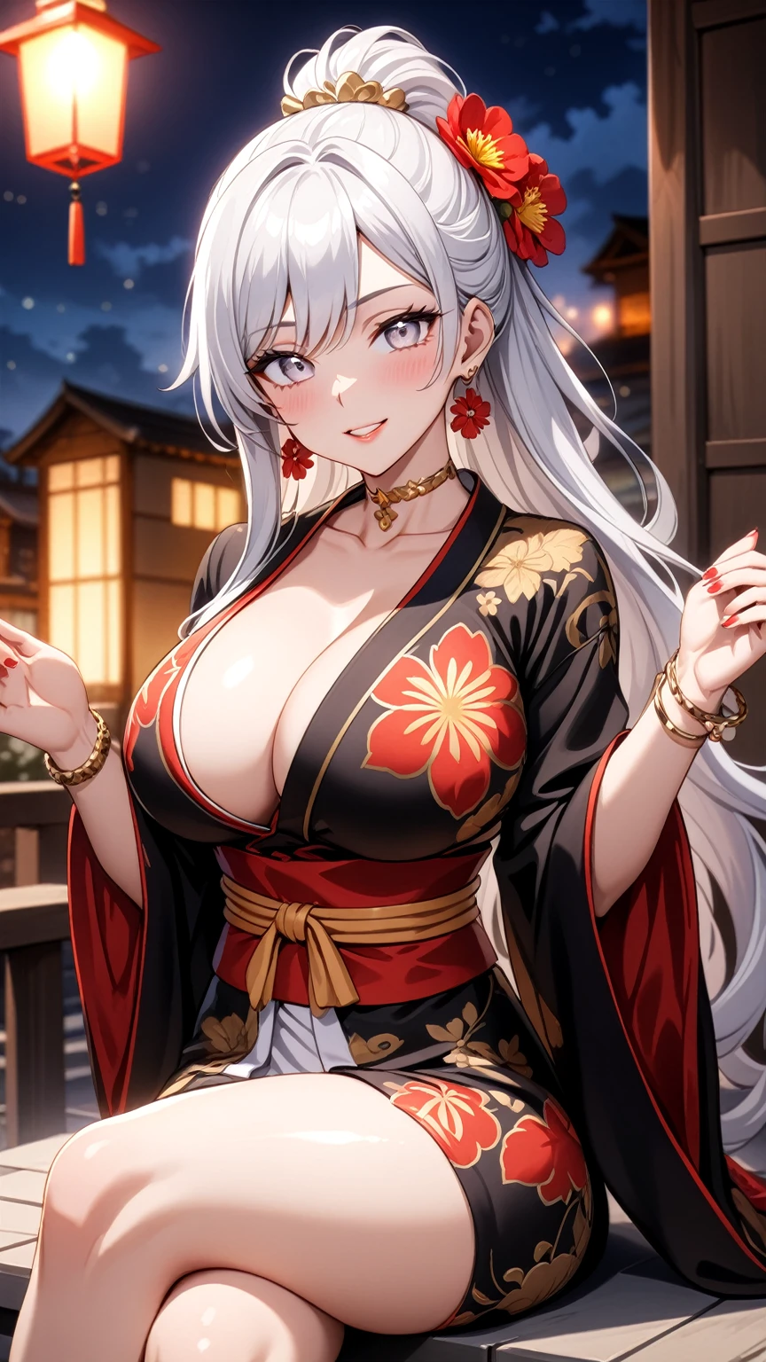 ((One personの女性)), Beautiful Face, (Laughing embarrassedly), (naughty face:1.1),((Wink:1.7)), (head tilt:1.3), teeth,Laugh with your mouth wide open,((Bright red cheeks:1.4)), Glossy red lips, ((crossed legs:1.4)), (panty shot), (Shining Face), Touching hair with hands,looking at viewer, Rooftop terrace, firework,Lighting on the face, ((Anime style background)),masterpiece, Highest quality, so beautiful,up to date, Complex details, (Pink long nails),(ring),(bracelet),(Floral choker),AI-generated, Complex,High resolution, Highest quality, super high quality,3D Images、3D Images,One person,Long white hair,High Ponytail, Anime woman posing for a photo,(blue eyes), ((Fine grain、Silvery white eyes、Shining Eyes:1.4)), (Squint your eyes:1.1),a hyperRealistic , hyperRealistic , Realistic,Anime woman with long white hair, Smooth anime CG art, A woman in a colorful kimono with gold embroidery, (Black long sleeve kimono),Red floral pattern,Long flower hair ornament,Earrings,Mature Body,(Big Breasts:1.1),Tall,Abdominal muscles,Tight waist, (Zoom up to face:1.1), (from side),
