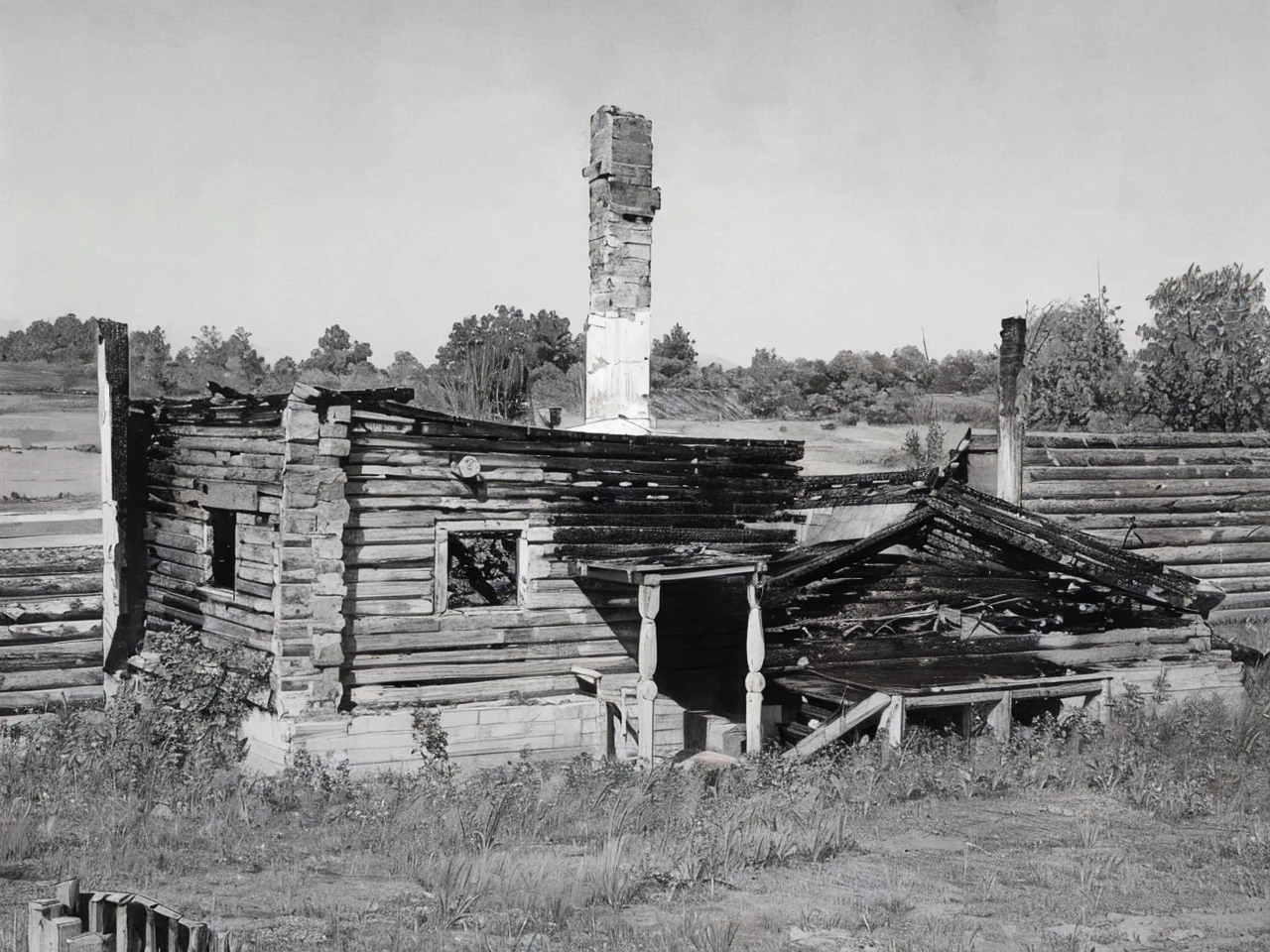 picture, composition, graphics, Drawing, contrast, old burnt house, landscape