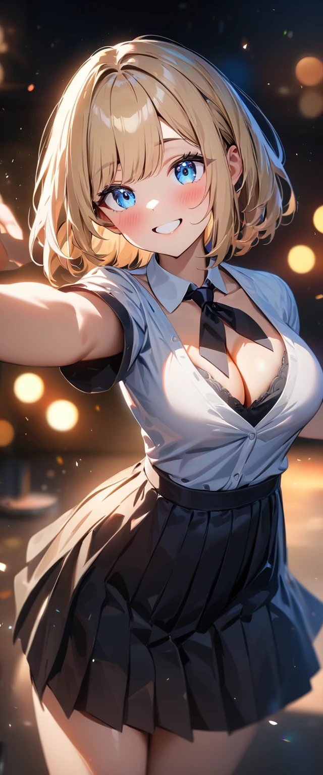 (((One girl))), blond hair, bob cut, (cowboy shot), (looking at viewer), face in focus, breasts, ager, head tilt:1.3, (((blue eye))), ((happy smile)), ((blush)), school summer uniform, white shirts, ((black tie)), black skirt, dynamic pose, ((cleavage)), anime style, (best quality, 4k, 8k, highres, masterpiece:1.2, ultra-detailed, ultra-detailed eyes, HDR, UHD, studio lighting, ultra-fine painting, sharp focus, physically-based rendering, extreme detail description, professional, vivid colors, bokeh)