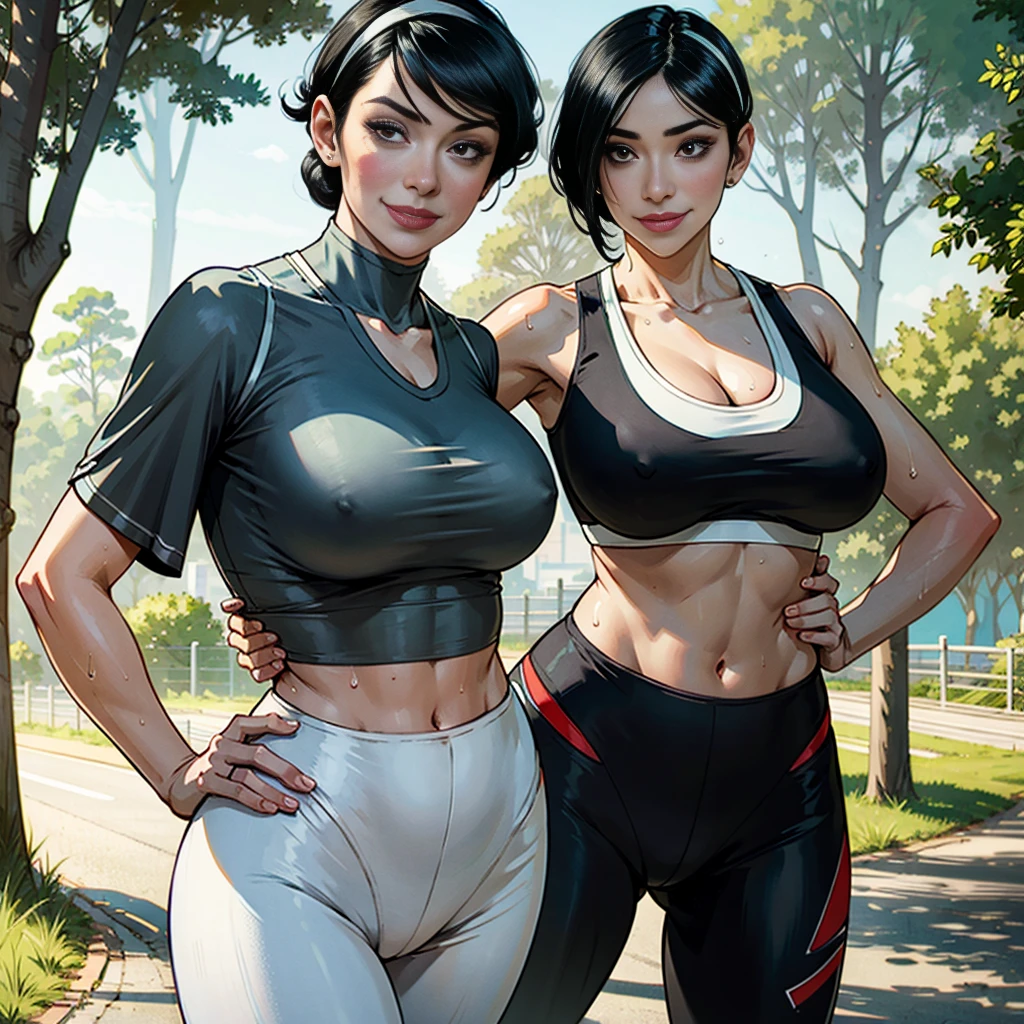 MarArtistA,black hair,side bang, red eyes,hair behind ears, low hair bun, hair band,sports bra,cleavage,smile,sweat,,maturefemale,(emotionless:0), hands down along her body, smile , background is park road, background ispark road with trees ,(breasts out:0),(nipples:0),detailed eyes, gymleggings