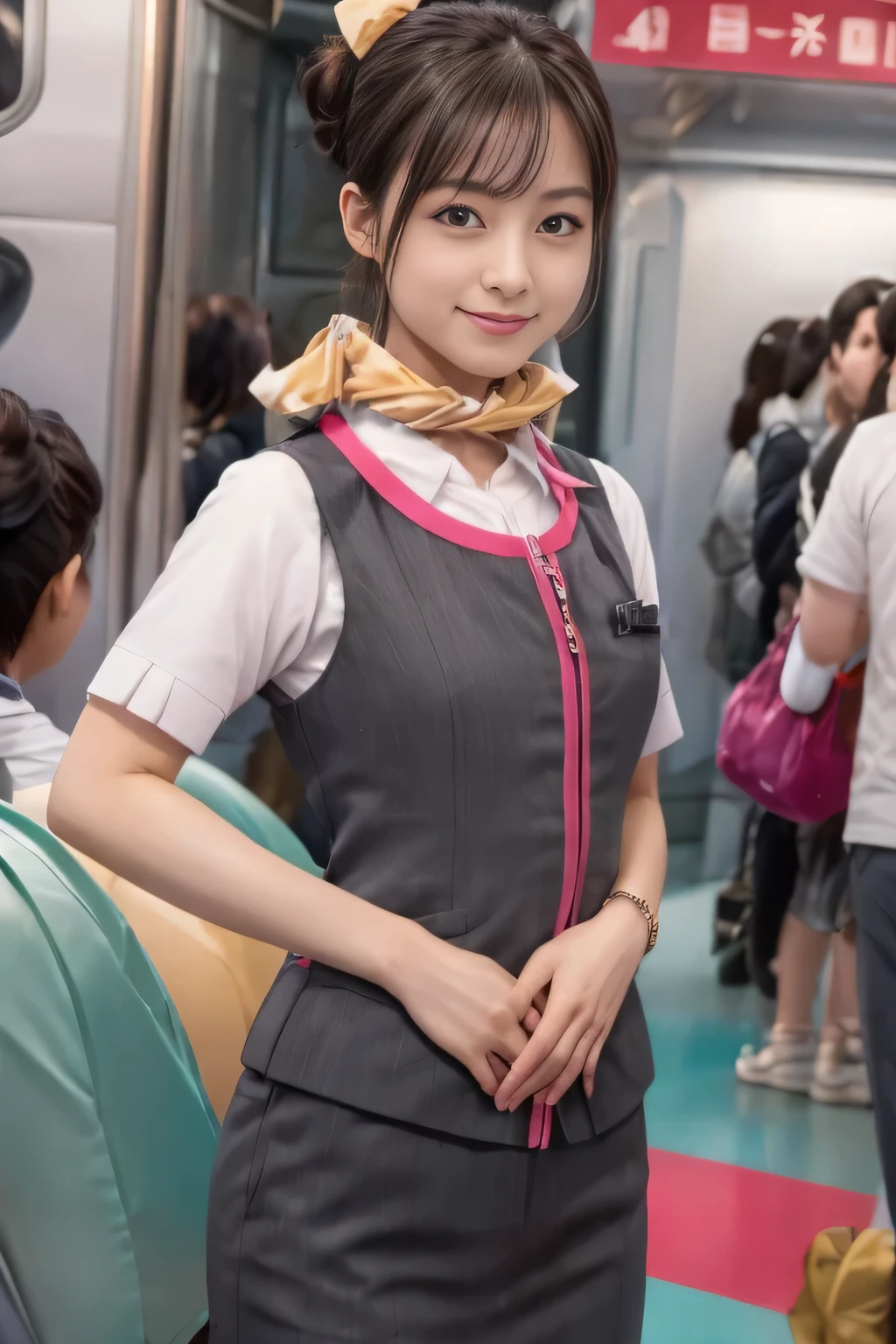 (masterpiece:1.2, Highest quality:1.2), 32k HDR, High resolution, (alone、One girl)、(At the station platform、Professional Lighting)、Empty train station platform background、(Realistic style of JR Gran Class crew uniform)、Short sleeve blouse、a scarf around the neck、(JR Gran Class flight attendant uniform with pink parts on the skirt sleeves)、(The uniform of a flight attendant in JR Gran Class has a pink line on the front zipper of the vest.)、Dark brown hair、(Chignon、Hair tied up)、Dark brown hair、Long Shot、Big Breasts、((Great hands:2.0)),((Harmonious body proportions:1.5)),((Normal limbs:2.0)),((Normal finger:2.0)),((Delicate eyes:2.0)),((Normal eyes:2.0)))、Big Breasts、Luxury Necklace、smile、Beautiful standing posture,Place your hands around your stomach
