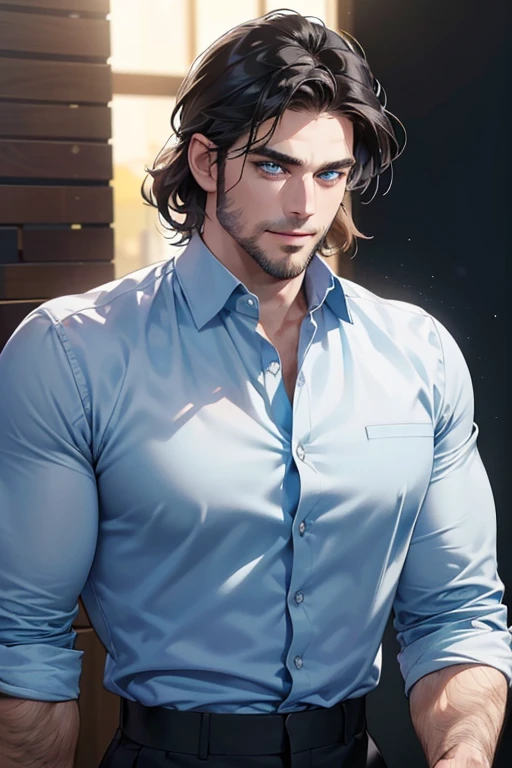 a handsome 35 year old man, 3 day beard, dark hair, sharp jawline, (mesmerizing blue eyes), perfectly styled hair, wearing cool anime outfitt, dynamic lighting, (CEO), (expression, smile in love), (best quality,4k,8k,highres,masterpiece:1.2),ultra-detailed,(realistic,photorealistic,photo-realistic:1.37)