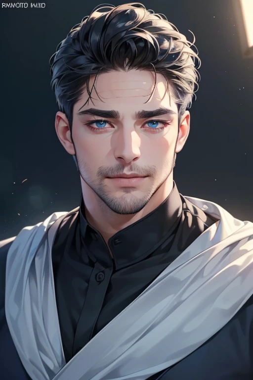 a handsome 35 year old man, 3 day beard, dark hair, sharp jawline, (mesmerizing blue eyes), perfectly styled hair, wearing cool anime outfitt, dynamic lighting, (CEO), (expression, smile in love), (best quality,4k,8k,highres,masterpiece:1.2),ultra-detailed,(realistic,photorealistic,photo-realistic:1.37)