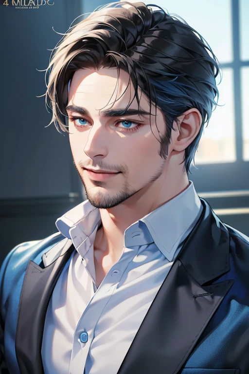 a handsome 35 year old man, 3 day beard, dark hair, sharp jawline, (mesmerizing blue eyes), perfectly styled hair, wearing cool anime outfitt, dynamic lighting, (CEO), (expression, smile in love), (best quality,4k,8k,highres,masterpiece:1.2),ultra-detailed,(realistic,photorealistic,photo-realistic:1.37)