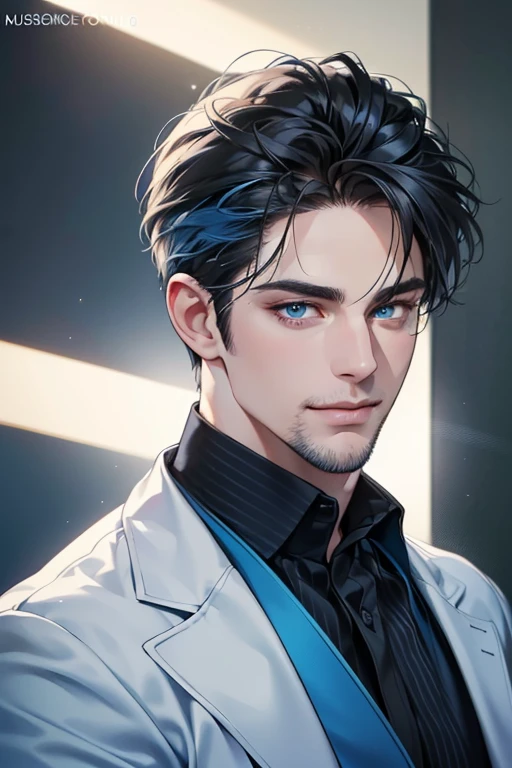 a handsome 35 year old man, 3 day beard, dark hair, sharp jawline, (mesmerizing blue eyes), perfectly styled hair, wearing cool anime outfitt, dynamic lighting, (CEO), (expression, smile in love), (best quality,4k,8k,highres,masterpiece:1.2),ultra-detailed,(realistic,photorealistic,photo-realistic:1.37)