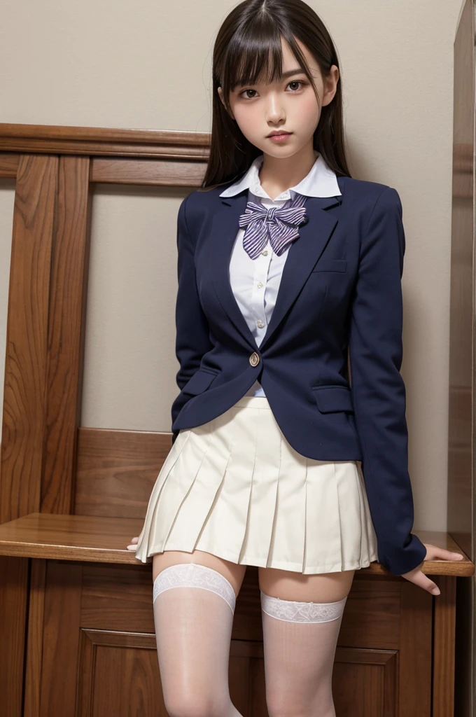 white collared shirt, blazer, bowtie, necktie, pleated skirt, micromini skirt, bobby socks, , white socks, loafers, school shoes,striped panties,(( pantyshot, panties shot)),,skirt up.cowboy shot.spread legs.((full body)).23yo .pee stain