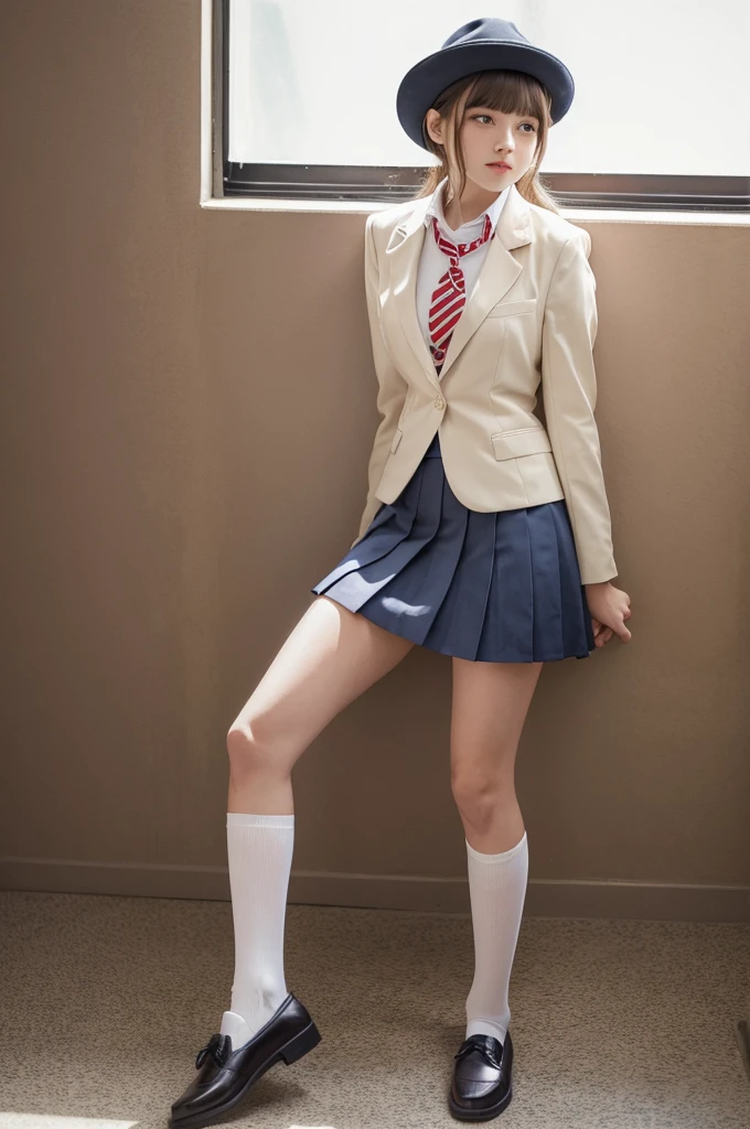 white collared shirt, blazer, bowtie, necktie, pleated skirt, micromini skirt, bobby socks, , white socks, loafers, school shoes,striped panties,(( pantyshot, panties shot)),,skirt up.cowboy shot.spread legs.((full body)).23yo .pee stain
