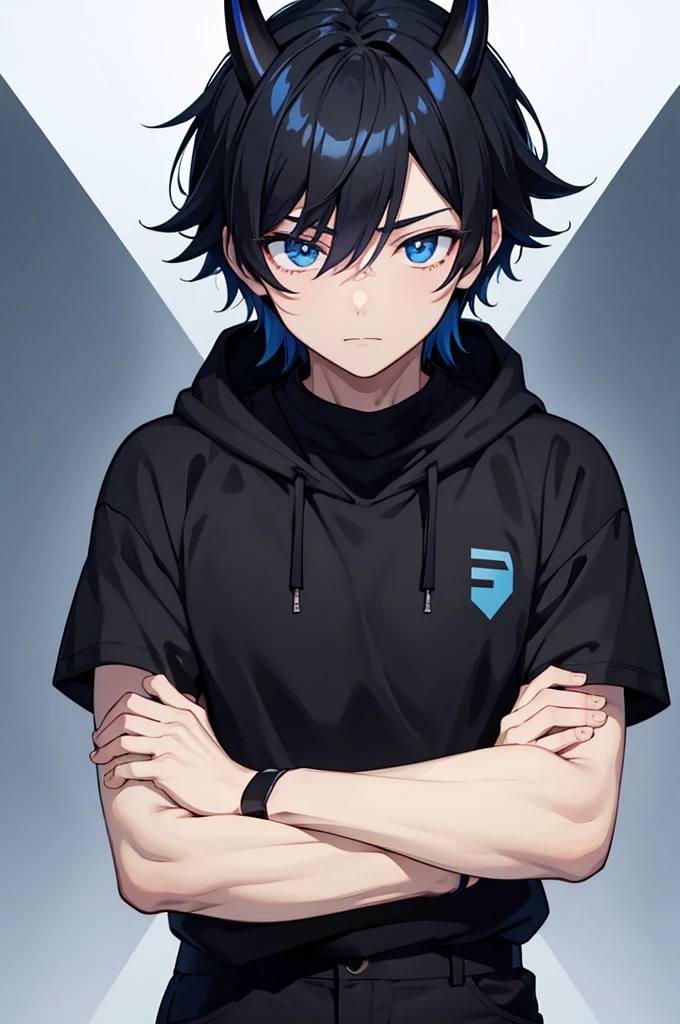 best quality, anime boy with black hair, black hood, blue and black gradient horns, black shirt with blue stripe going around it, black pants with blue stripe