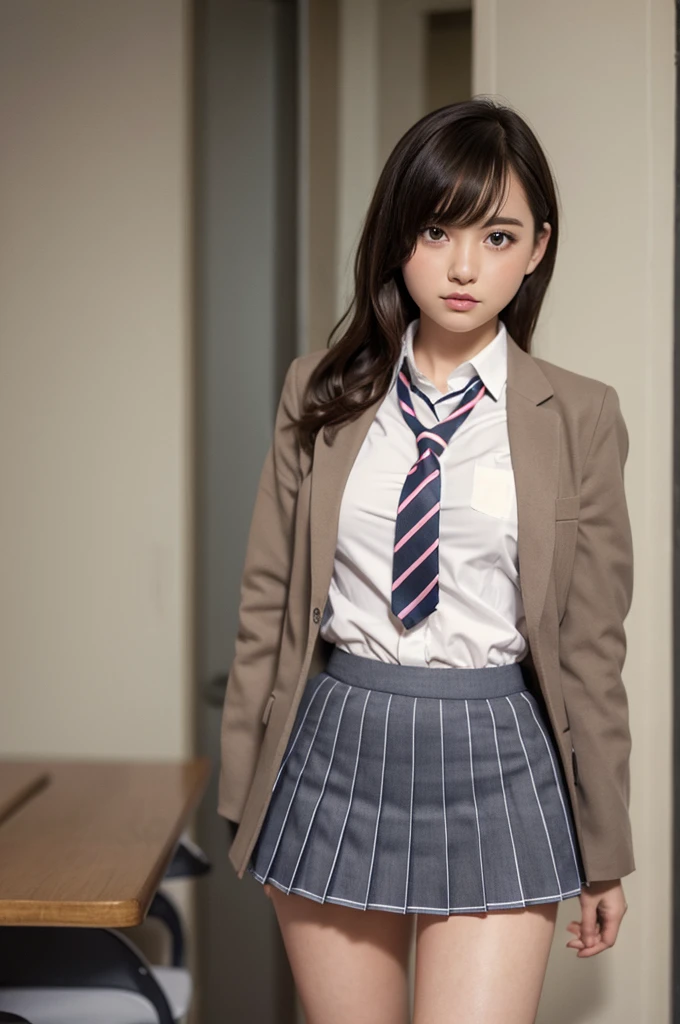 white collared shirt, blazer, bowtie, necktie, pleated skirt, micromini skirt, bobby socks, , white socks, loafers, school shoes,striped panties,(( pantyshot, panties shot)),,skirt up.cowboy shot.spread legs.((full body)).23yo .pee stain