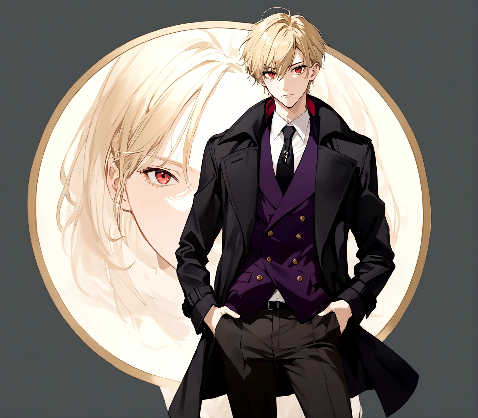Hands in pockets,Exquisite facial features,blond,Red Eyes,Young male,Black trench coat
