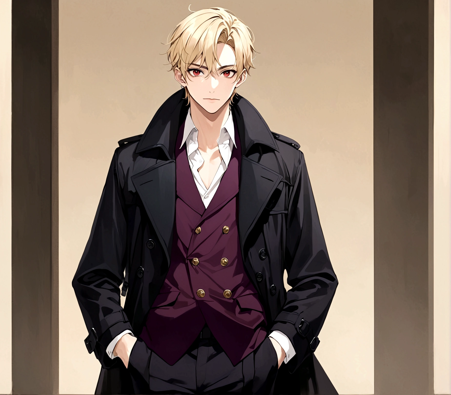 Hands in pockets,Exquisite facial features,blond,Red Eyes,Young male,Black trench coat