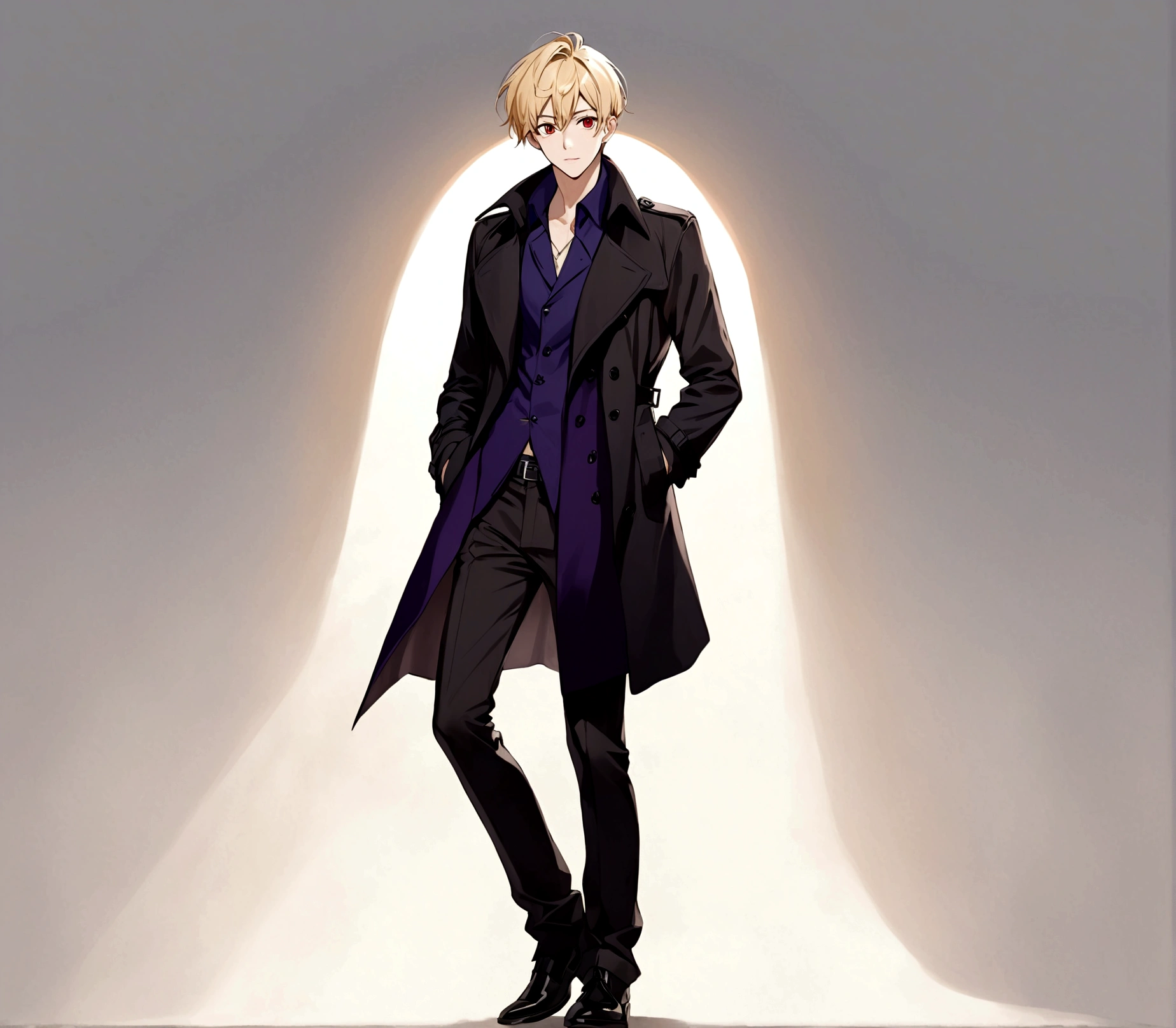 Hands in pockets,Exquisite facial features,blond，Red Eyes，Young male，Black trench coat