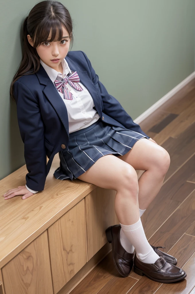 white collared shirt, blazer, bowtie, necktie, pleated skirt, micromini skirt, bobby socks, , white socks, loafers, school shoes,striped panties,(( pantyshot, panties shot)),,skirt up.cowboy shot.spread legs.((full body)).23yo .pee stain