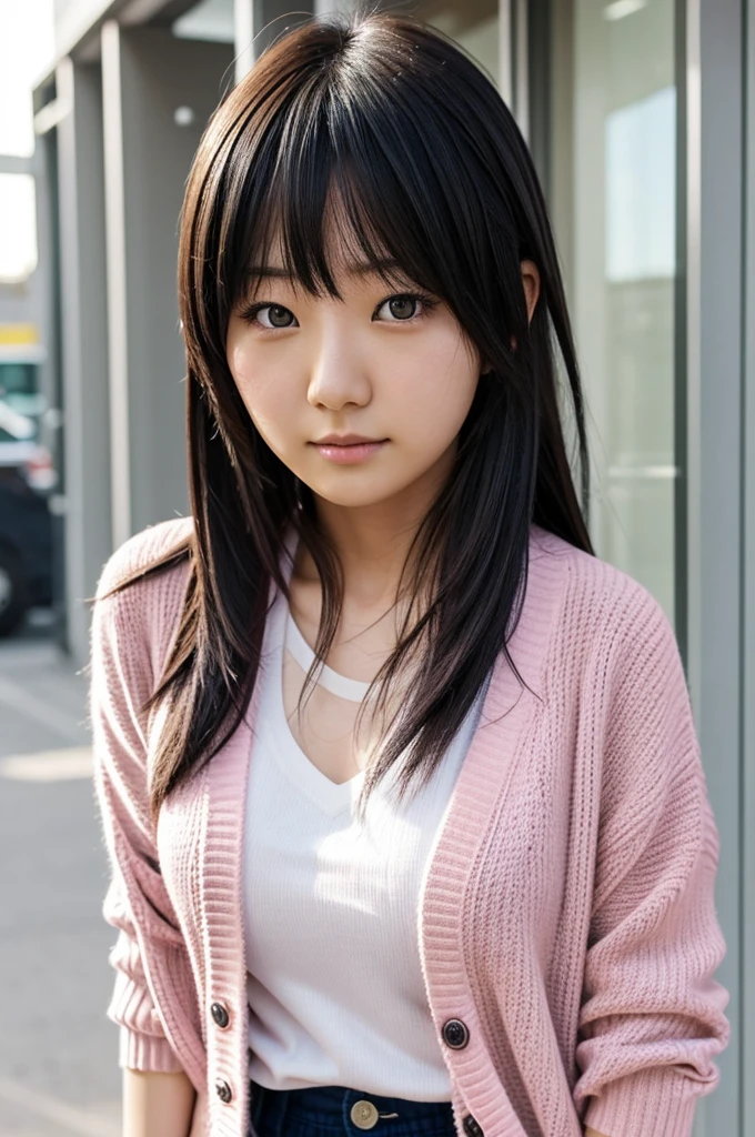 hite hair, Hoshino Ai's hair, Pink eyes, Wears the UA and put on a cardigan, Cute face