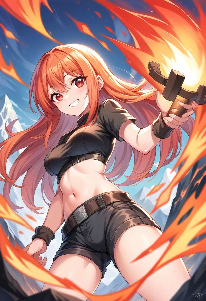detailed illustration, dynamic angle, ultra-detailed, illustration, 1girl, fire red hair, red orange hair, smith hammer, anvil, lava, mountain, forge, smiling, red eyes, firey eyes, leather clothes, , medium breasts, crop top, shorts