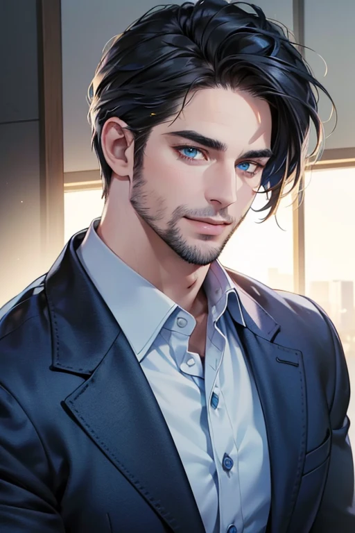 a handsome 35 year old man, 3 day beard, dark hair, sharp jawline, (mesmerizing blue eyes), perfectly styled hair, wearing cool anime outfitt, dynamic lighting, (CEO), (expression, smile in love), (best quality,4k,8k,highres,masterpiece:1.2),ultra-detailed,(realistic,photorealistic,photo-realistic:1.37)