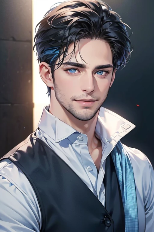 a handsome 35 year old man, 3 day beard, dark hair, sharp jawline, (mesmerizing blue eyes), perfectly styled hair, wearing cool anime outfitt, dynamic lighting, (CEO), (expression, smile in love), (best quality,4k,8k,highres,masterpiece:1.2),ultra-detailed,(realistic,photorealistic,photo-realistic:1.37)