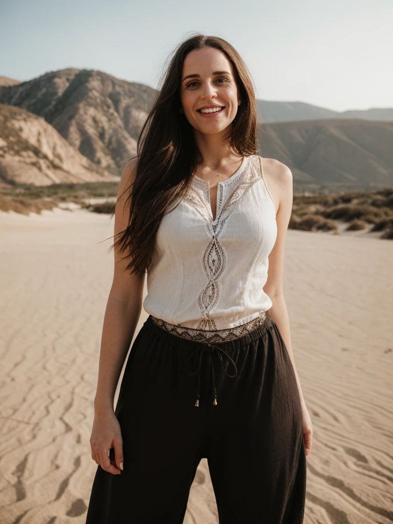 1girl, solo, photorealistic, realistic, long hair, ((ugly:1.5)), middle age, 35-year-old woman, wrinkles on her face and body, Caucasian woman, straight nose, dark brown hair, diamond face shape face, white skin, thin lips, monolid eyes, (medium shot, half body), shallow depth of field, vignette, highly detailed, high budget Hollywood movie, bokeh, cinemascope, moody, epic, gorgeous, film grain, grainy, realistic, depth of field, RAW photo, she is dressed in the (style of Abstract Expressionism Zimmermann lace jumpsuit. with Harem pants: Baggy, low-crotch pants with a relaxed and comfortable fit.) with Windswept Plateau in the background , Pretending to be in a surfing pose, (((dynamic pose))), she is looking at the camera smiling