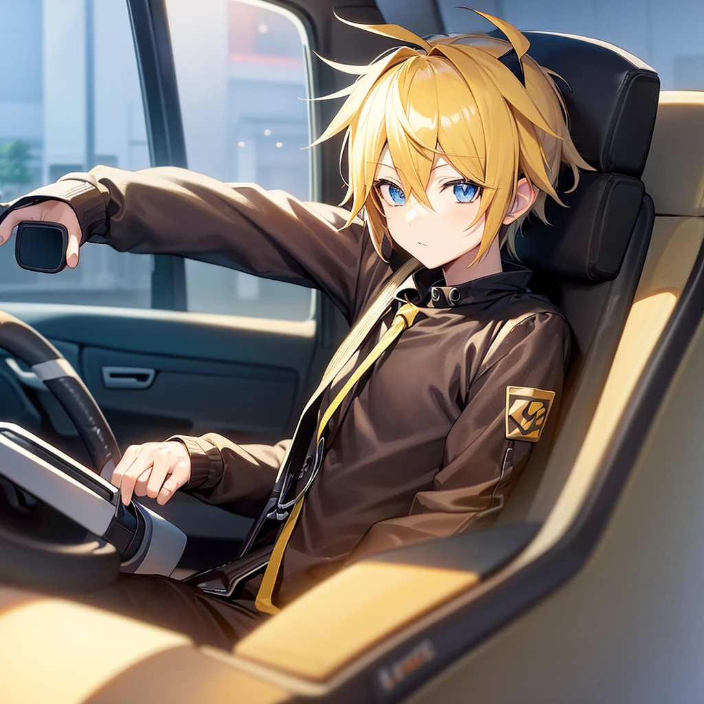make an anime style drawing with the vocaloid Kagamine Len male version driving behind the wheel, looking ahead, panoramic front shot showing the driver's seat and the empty passenger seat