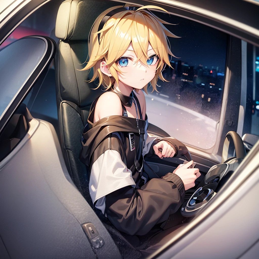 make an anime style drawing with the vocaloid Kagamine Len male version driving behind the wheel, looking ahead, panoramic front shot showing the driver's seat and the empty passenger seat