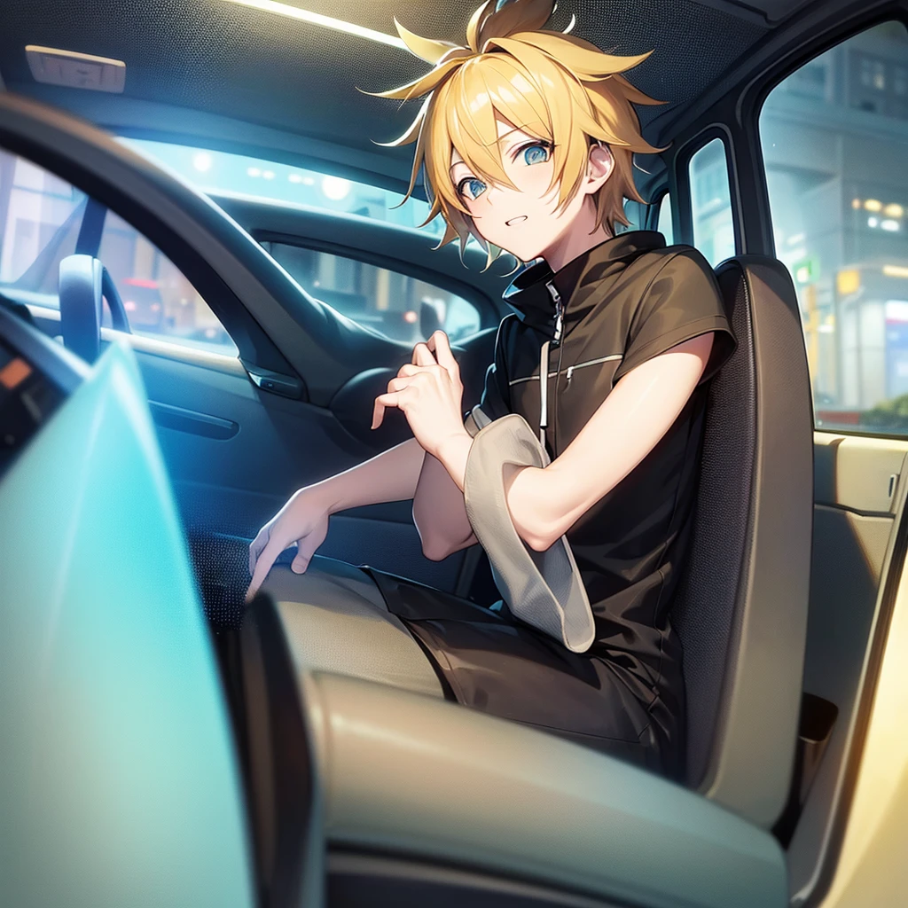 make an anime style drawing with the vocaloid Kagamine Len male version driving behind the wheel, looking ahead, panoramic front shot showing the driver's seat and the empty passenger seat 