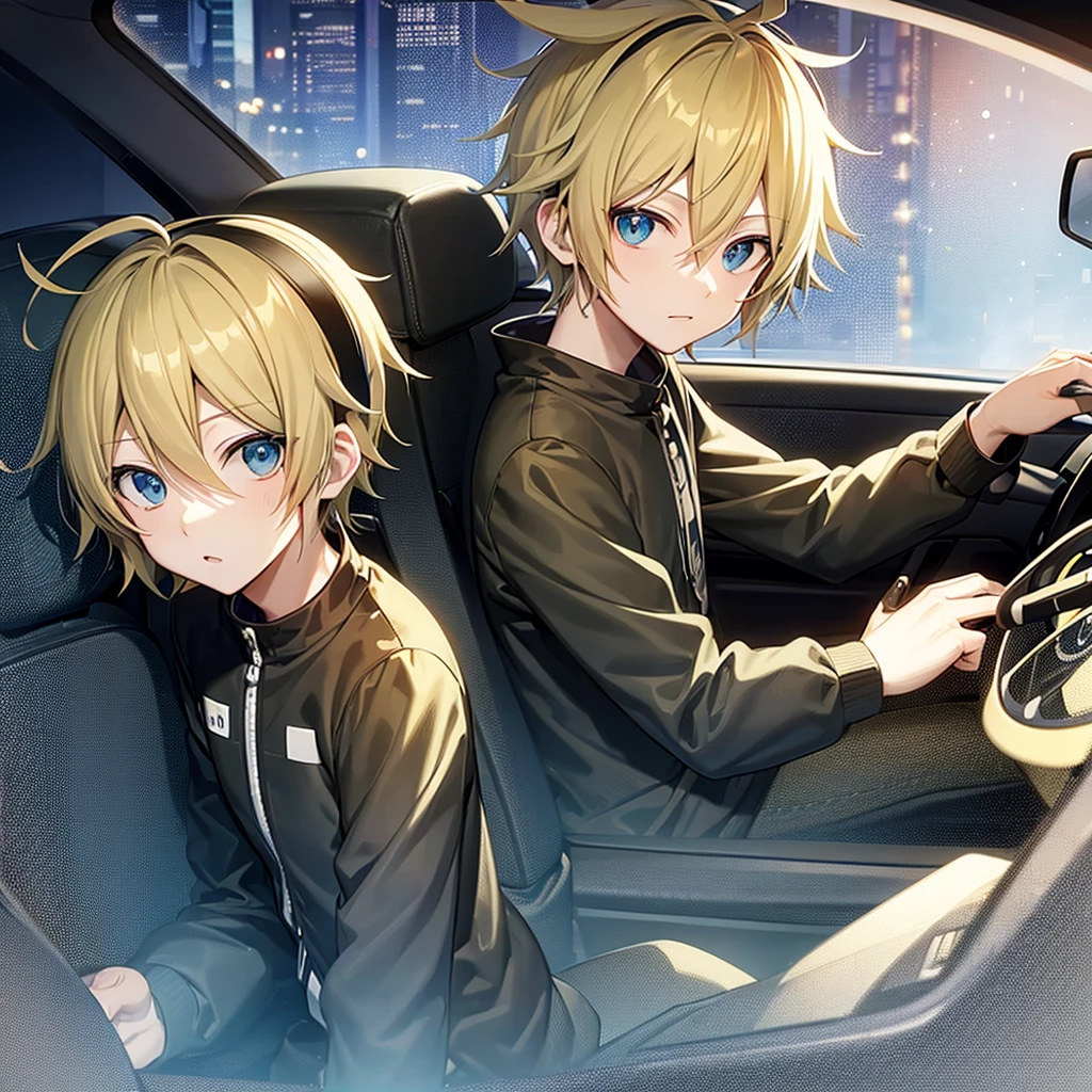 make an anime style drawing with the vocaloid Kagamine Len male version driving behind the wheel, looking ahead, panoramic front shot showing the driver&#39;s seat and the empty passenger seat 