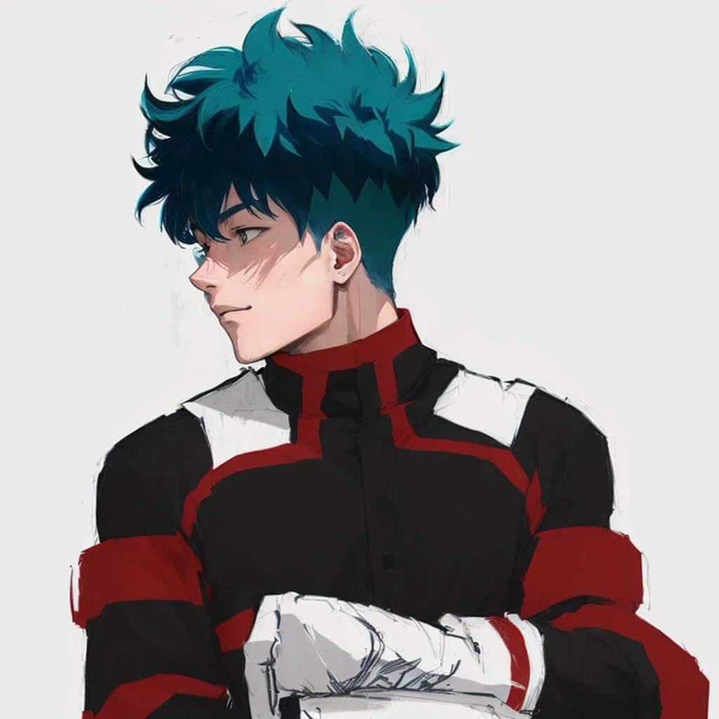 anime - style drawing of a man with blue hair and a red and white shirt, izuku midoriya, boku no hero academia style, kentaro miura manga art style, kentaro miura art style, trigger anime artstyle, high quality colored sketch, kentaro miura manga style, handsome guy in demon slayer art, in my hero academia