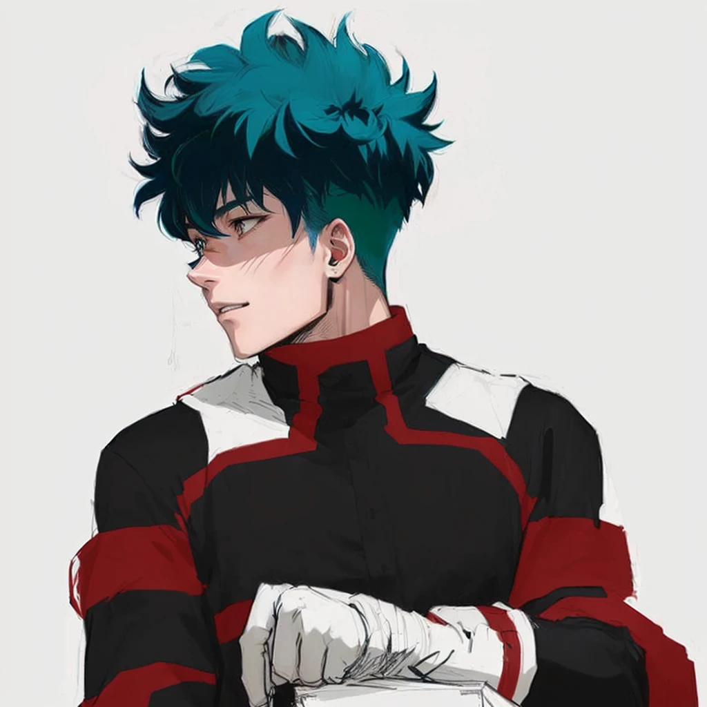 anime - style drawing of a man with blue hair and a red and white shirt, izuku midoriya, boku no hero academia style, kentaro miura manga art style, kentaro miura art style, trigger anime artstyle, high quality colored sketch, kentaro miura manga style, handsome guy in demon slayer art, in my hero academia