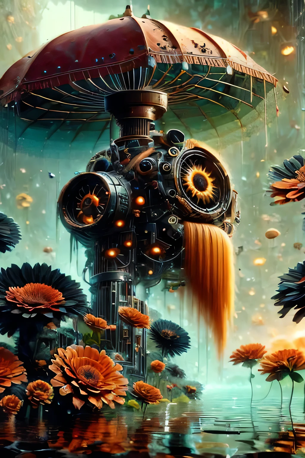 Imaginary flower close-up、Flower Robot、Metal flowers、gear、cyber punk、digital art, by Android Jones, lowbrow, steampunk eye, unreal engine 4k wallpaper, the mekanik doll, highly intricate mindar punk, high detailed cartoon, steampunk air haven, big brother is watching you, machine elf, album art, highly detailed. post processing, steampunc