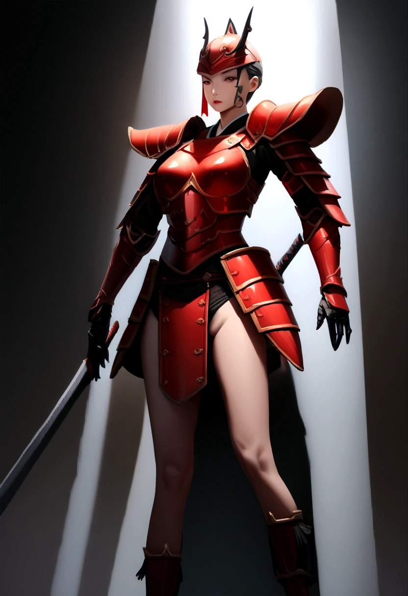 Highest quality、masterpiece、Ultra-high resolution、(Realism:1.4)、Raw photo、(Thin legs) (Perfect figure)、Dynamic Pose、1 girl、solo、Full samurai red armor、Face tattoos、darkness、Deep Shadow、Low Key、Cold light 12000K 